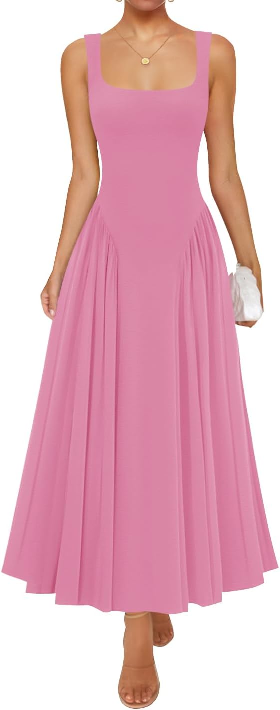 Womens 2026 Summer Sleeveless Square Neck Sundress Casual Long Flowy A Line Beach Vacation Maxi Dresses