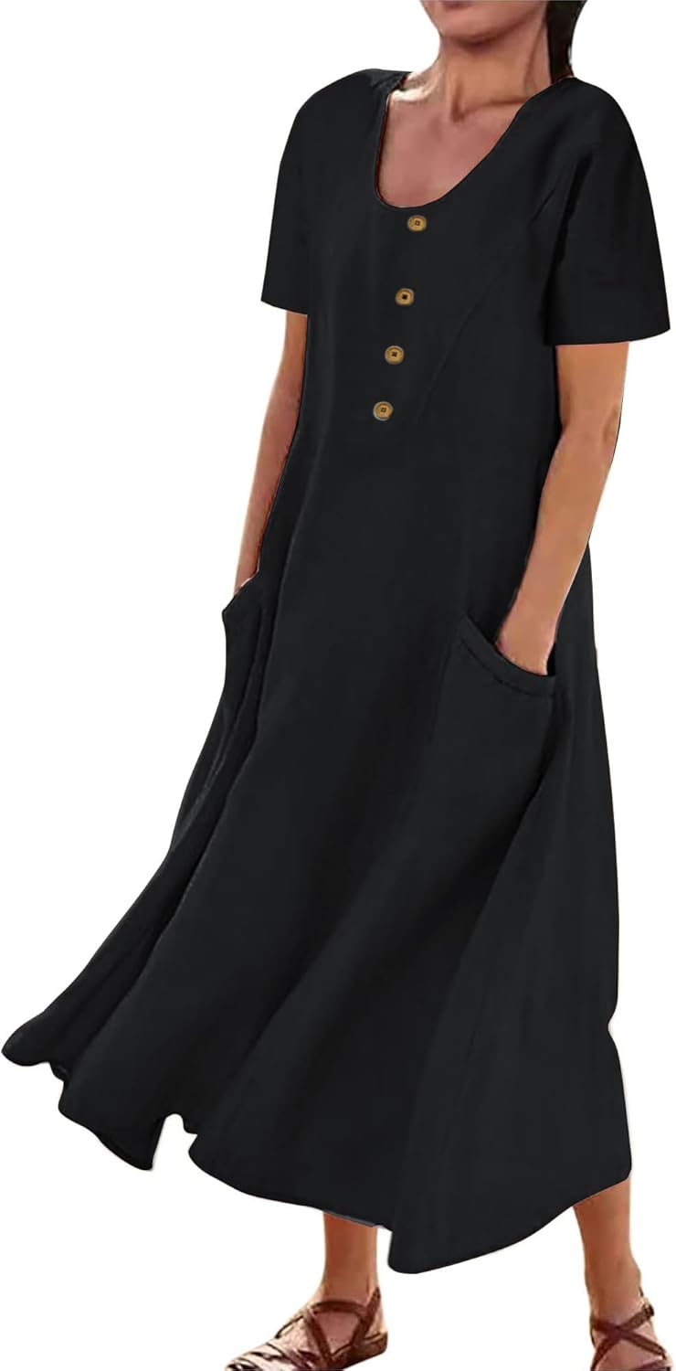 Women's Plus Size Short Sleeve Casual Cotton Linen Long Dress Crew Neck Button Summer Beach Maxi Dress