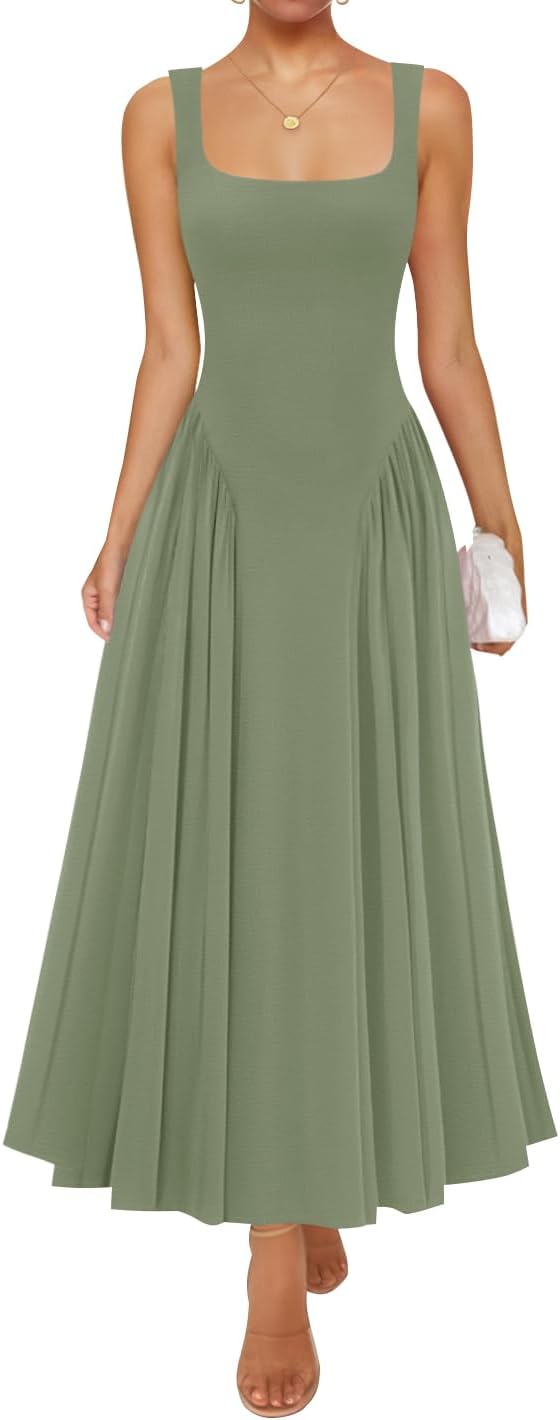 Womens 2026 Summer Sleeveless Square Neck Sundress Casual Long Flowy A Line Beach Vacation Maxi Dresses