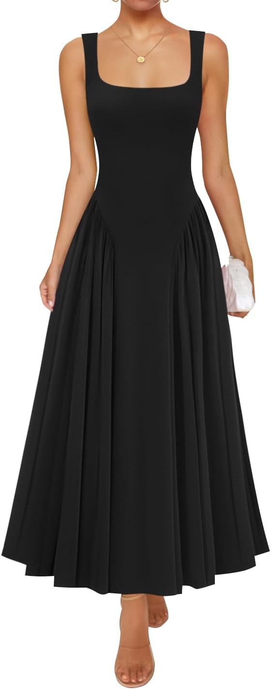 Womens 2026 Summer Sleeveless Square Neck Sundress Casual Long Flowy A Line Beach Vacation Maxi Dresses