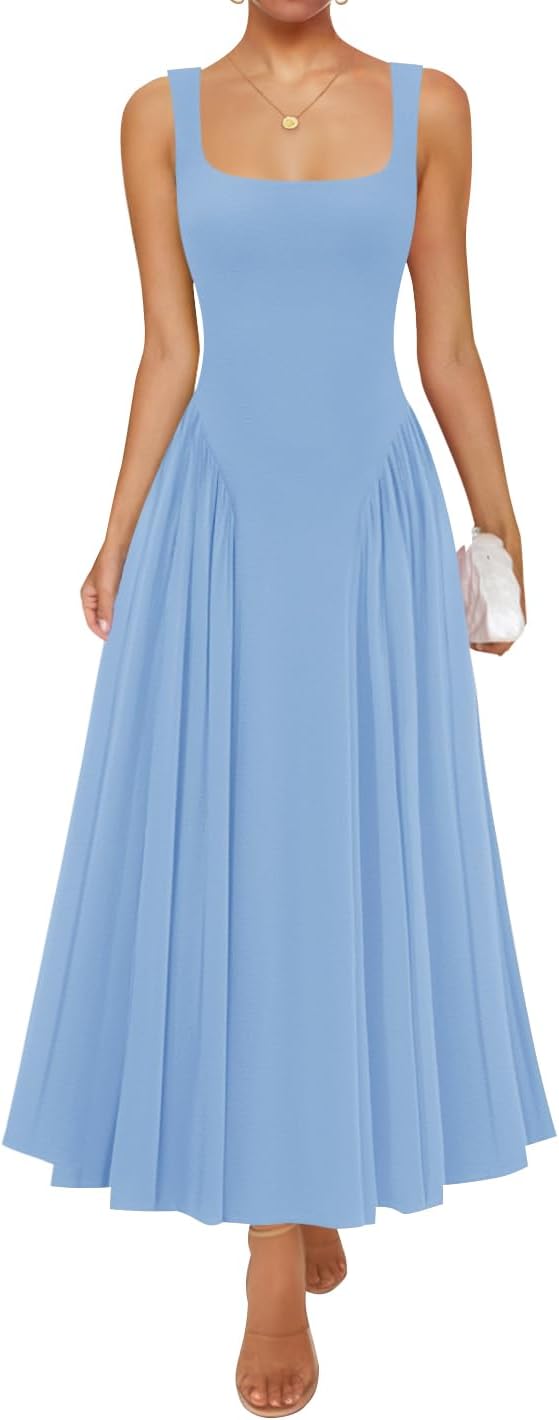 Womens 2026 Summer Sleeveless Square Neck Sundress Casual Long Flowy A Line Beach Vacation Maxi Dresses