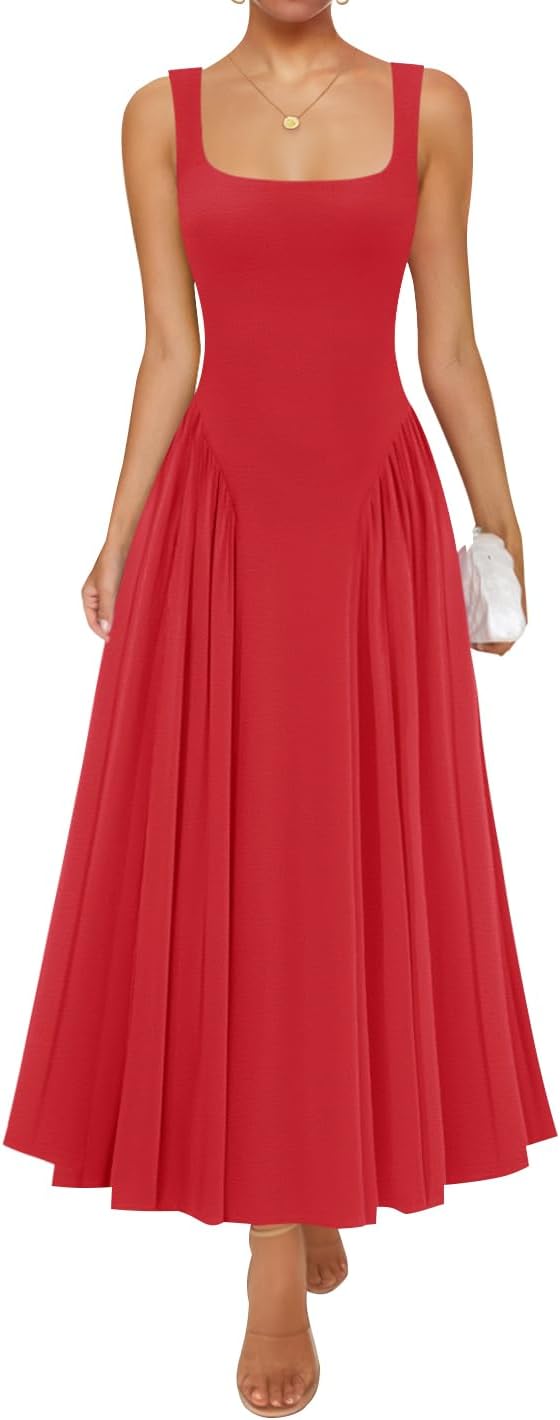 Womens 2026 Summer Sleeveless Square Neck Sundress Casual Long Flowy A Line Beach Vacation Maxi Dresses