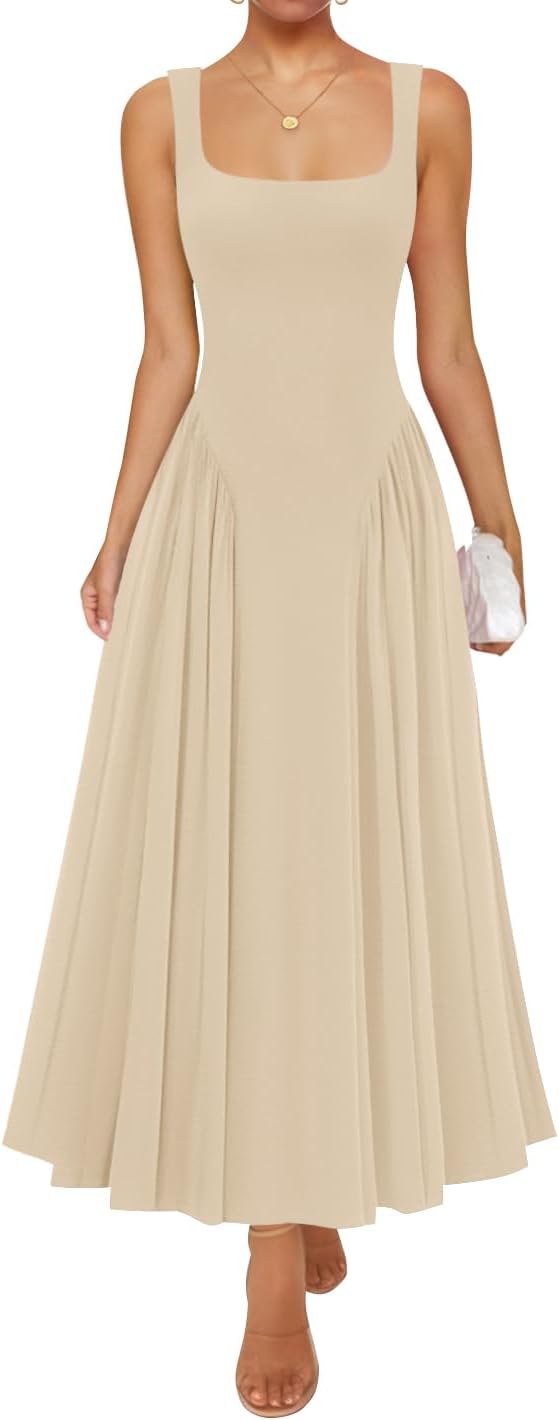 Womens 2026 Summer Sleeveless Square Neck Sundress Casual Long Flowy A Line Beach Vacation Maxi Dresses