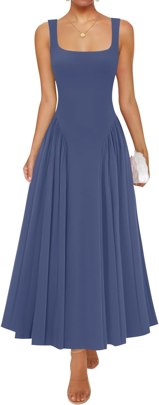 Womens 2026 Summer Sleeveless Square Neck Sundress Casual Long Flowy A Line Beach Vacation Maxi Dresses