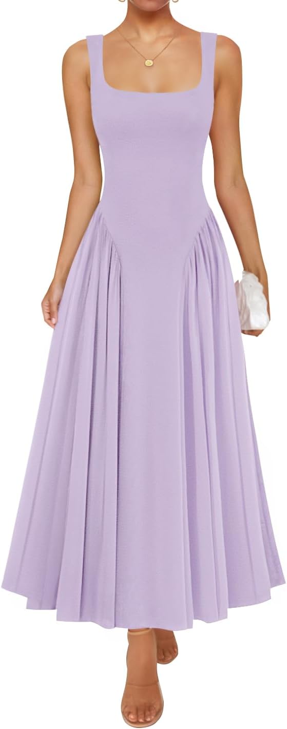 Womens 2026 Summer Sleeveless Square Neck Sundress Casual Long Flowy A Line Beach Vacation Maxi Dresses