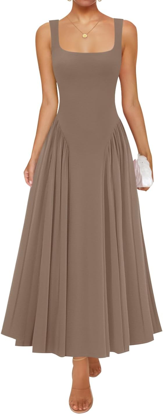 Womens 2026 Summer Sleeveless Square Neck Sundress Casual Long Flowy A Line Beach Vacation Maxi Dresses