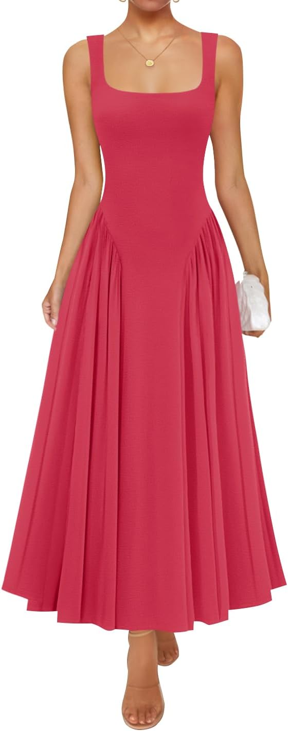 Womens 2026 Summer Sleeveless Square Neck Sundress Casual Long Flowy A Line Beach Vacation Maxi Dresses