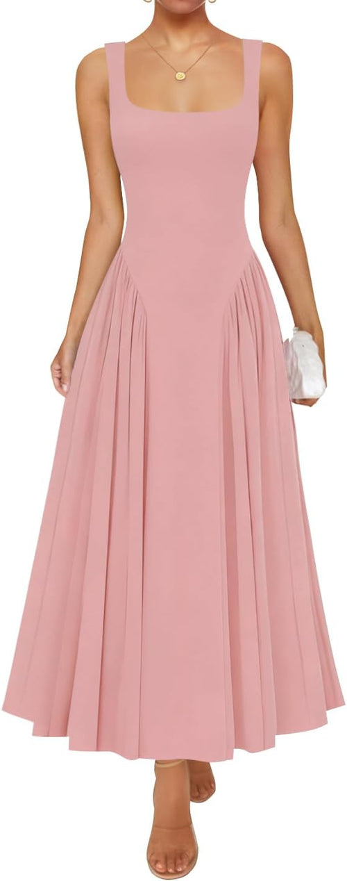 Womens 2026 Summer Sleeveless Square Neck Sundress Casual Long Flowy A Line Beach Vacation Maxi Dresses