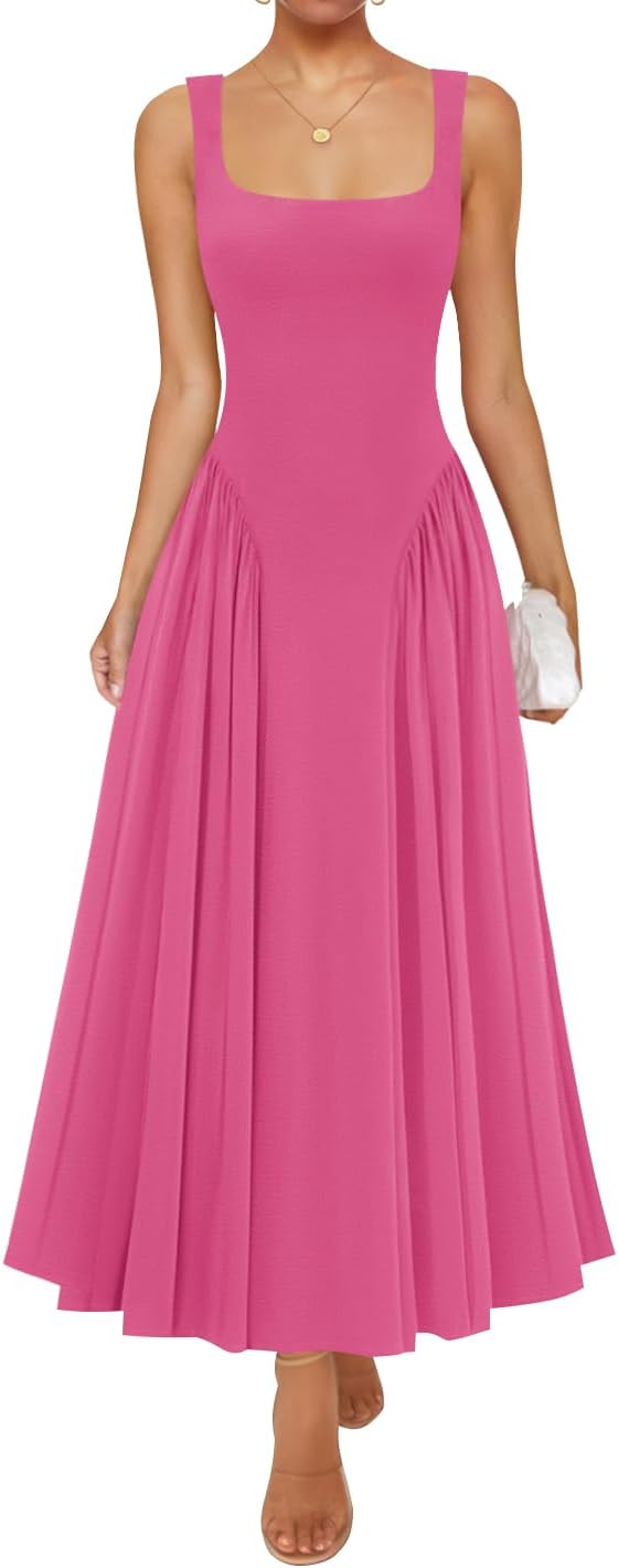 Womens 2026 Summer Sleeveless Square Neck Sundress Casual Long Flowy A Line Beach Vacation Maxi Dresses