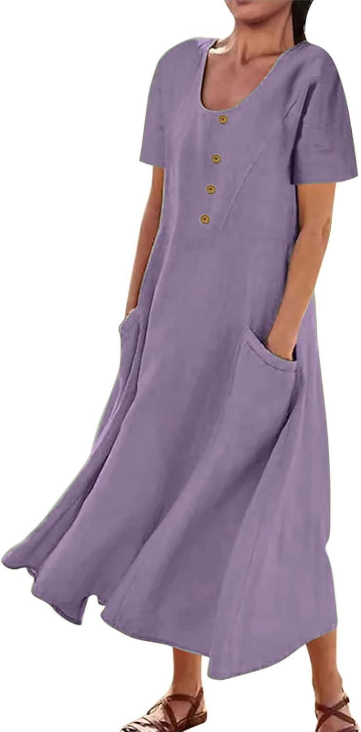 Women's Plus Size Short Sleeve Casual Cotton Linen Long Dress Crew Neck Button Summer Beach Maxi Dress